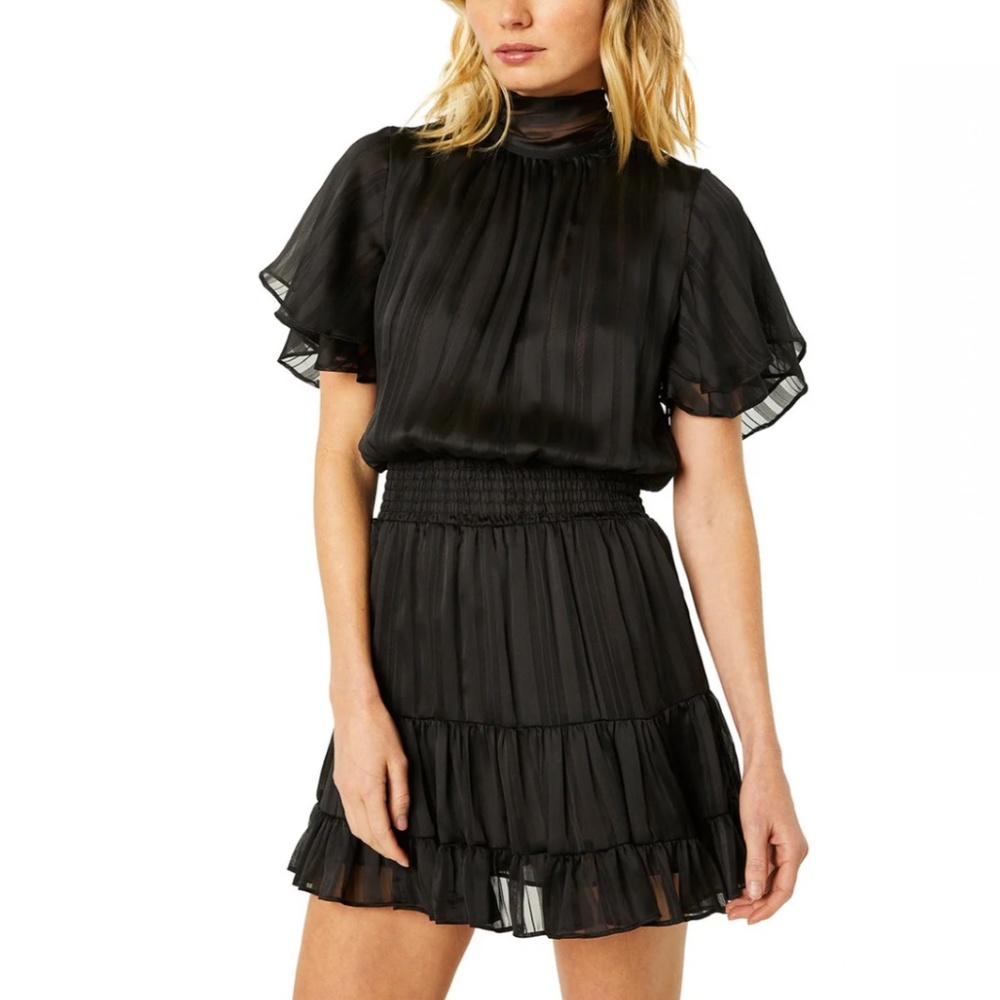 Misa Los Angeles size M Saffie dress black stripe chiffon tiered high neck LBD